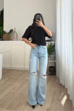 Dizi Yırtık Wide Leg Mavi Jean