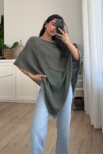 Tek Yanı Açık Triko Panço Haki