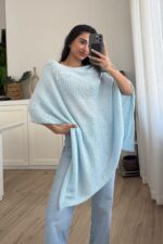 Tek Yanı Açık Triko Panço Mavi