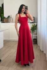 Evsa Kuşaklı Askılı Elbise Kırmızı