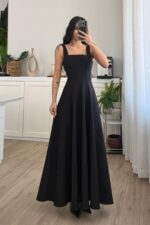 Evsa Kuşaklı Askılı Elbise Siyah