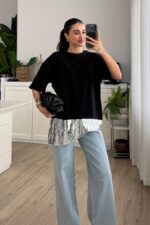 Asimetrik Payet Tişört Siyah