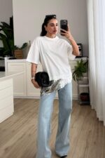 Asimetrik Payet Tişört Beyaz