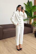 Şık Bağlantı Detaylı Ceket Pantolon Takım Beyaz - Görsel 2