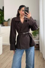 Balon Kol Kemerli Gömlek Kahverengi