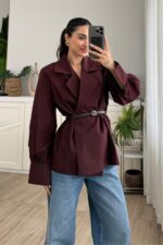 Balon Kol Kemerli Gömlek Mürdüm