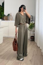 Polo Yaka Kısa Kollu Bol Pantolon Takım Haki