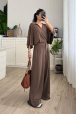 Polo Yaka Kısa Kollu Bol Pantolon Takım Kahverengi