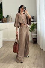 Polo Yaka Kısa Kollu Bol Pantolon Takım Toprak