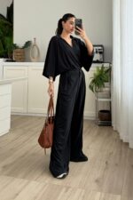 Polo Yaka Kısa Kollu Bol Pantolon Takım Siyah