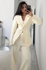 Dora Beli Bağlamalı Ceket Pantolon Takım Krem - Görsel 3