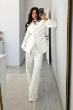 Çapraz Düğmeli Dantel Detaylı Takım Beyaz