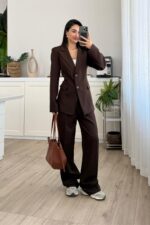 Dora Beli Bağlamalı Ceket Pantolon Takım Kahverengi - Görsel 2