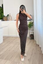 İçi Astarlı Puantiyeli Tül Elbise Kahverengi