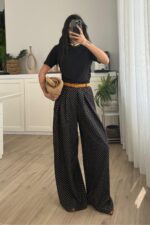 Pileli Bol Kesim Puantiyeli Pantolon Siyah