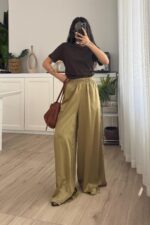 Geniş Paça Saten Pantolon Yağ Yeşil