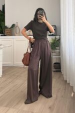 Geniş Paça Saten Pantolon Kahverengi