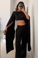 Kolları Pelerinli Crop Pantolon Takım Siyah - Görsel 2