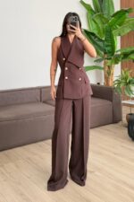 Arma Düğmeli Yelek Pantolon Takım Kahverengi