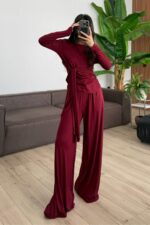Buzzy Beli Bağlamalı Bluz Pantolon Takım Bordo