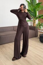 Buzzy Beli Bağlamalı Bluz Pantolon Takım Kahverengi