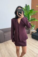 Nesh Yakasız Ceket Mini Etek Takım Mürdüm - Görsel 2