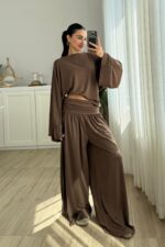 St Yarasa Kollu Beli Drapeli Pantolon Takım Kahverengi