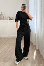 Beli Çapraz Bağlamalı Tişört Pantolon Takım Siyah