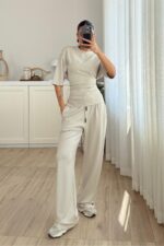 Beli Çapraz Bağlamalı Tişört Pantolon Takım Taş