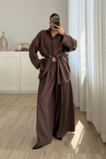 Çizgili Nubuk Gömlek Pantolon Takım Kahverengi