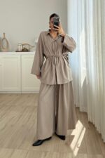 Çizgili Nubuk Gömlek Pantolon Takım Taş