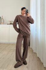 Asimetrik Dantel Detaylı Pantolon Takım Kahverengi