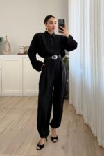 Çıtçıtlı Gömlek Kemerli Şalvar Pantolon Takım Siyah