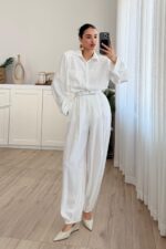 Çıtçıtlı Gömlek Kemerli Şalvar Pantolon Takım Beyaz