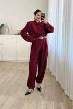 Çıtçıtlı Gömlek Kemerli Şalvar Pantolon Takım Bordo