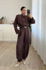 Çıtçıtlı Gömlek Kemerli Şalvar Pantolon Takım Kahverengi