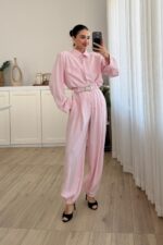 Çıtçıtlı Gömlek Kemerli Şalvar Pantolon Takım Pembe