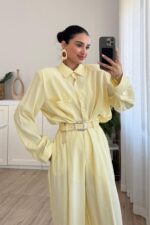 Çıtçıtlı Gömlek Kemerli Şalvar Pantolon Takım Sarı - Görsel 2