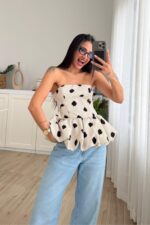 Benekli Straplez Balon Bluz Krem