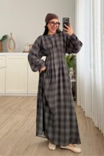 Pile Detaylı Ekose Elbise Antrasit