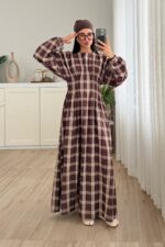 Pile Detaylı Ekose Elbise Sıcak Kahve