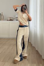 Denim Detaylı Hakim Yaka Takım Bej