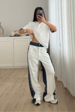 Denim Detaylı Hakim Yaka Takım Beyaz