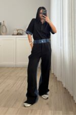 Denim Detaylı Hakim Yaka Takım Siyah