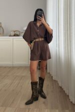 Hasır Kemerli Şort Gömlek Takım Kahverengi