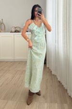 İp Askılı Fırfırlı Çiçekli Elbise Yeşil