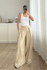 Pileli Geniş Kesim Pantolon Bej
