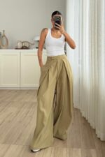 Pileli Geniş Kesim Pantolon Haki
