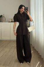 Ous Kısa Kol Belden Oturtmalı Pantolon Takım Kahverengi