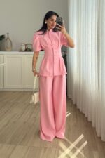 Ous Kısa Kol Belden Oturtmalı Pantolon Takım Pembe